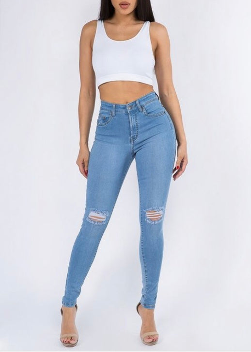 American Bazi High Waist Distressed Skinny Jeans (Light Blue) TJH-6096