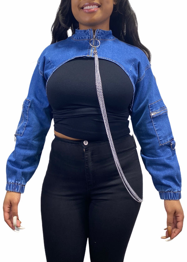 American Bazi Denim Cropped Jacket With Chains (Blue) RJK-2815
