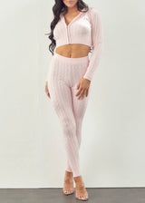 36point5 2 Piece Cable Knit Hooded Crop Top & Leggings Set (Pink) SW267
