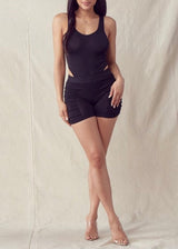 36point5 Solid Bodysuit & Side Gathered Detailed Short Set (Black) SW1223