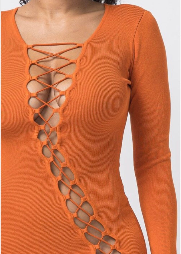 Hera Collection Long Sleeve String Up Mini Dress (Orange Rust) 22573