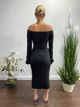Belita Rib Off The Shoulder Stacked SLV Ruched Midi Dress (Black) SBD1578