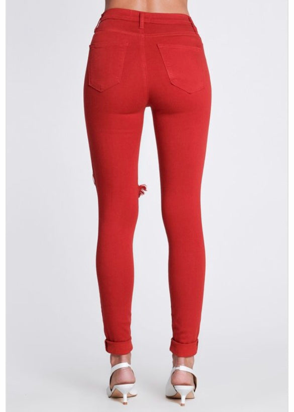 Vibrant Freebird Destroyed Skinny Jeans (Red) P803