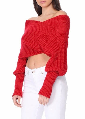Yemak Off The Shoulder Long Sleeve Wrap Sweater Shawl (Red) KC003