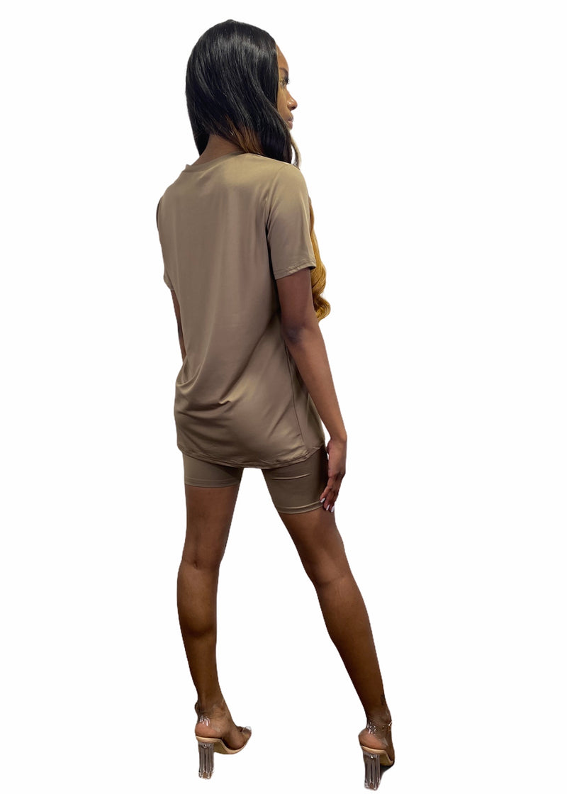 Daisy Solid V Neck Short Sleeve Top T Shirt & Biker Shorts Set (Dark Taupe)
