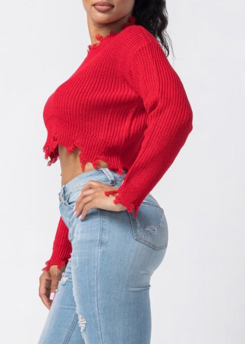 Hera Distressed Sweater Top (Red) 21492