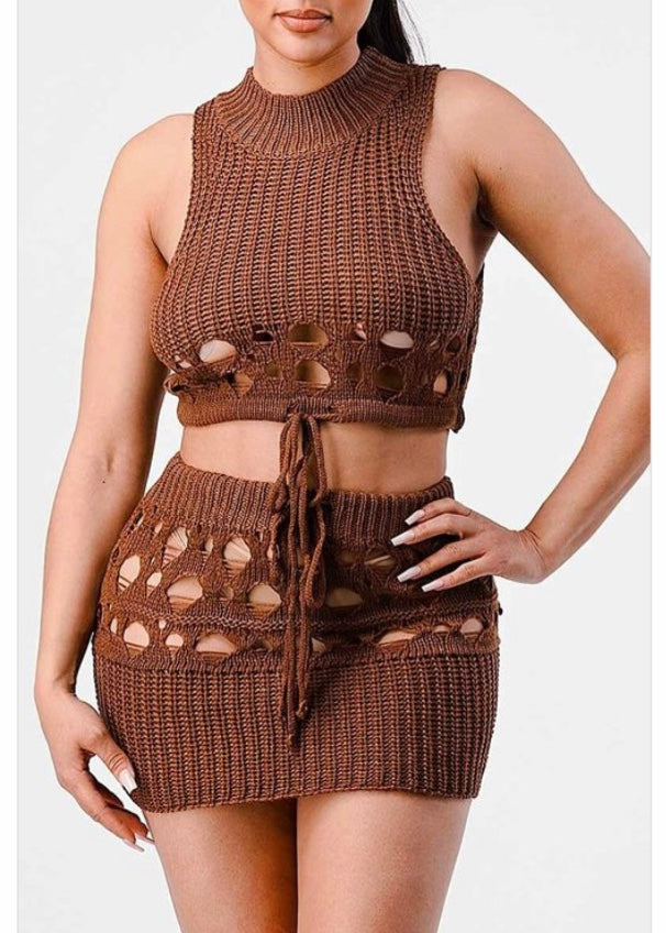 Primi Sleeveless Top & Mini Skirt Set (Brown) DO1001