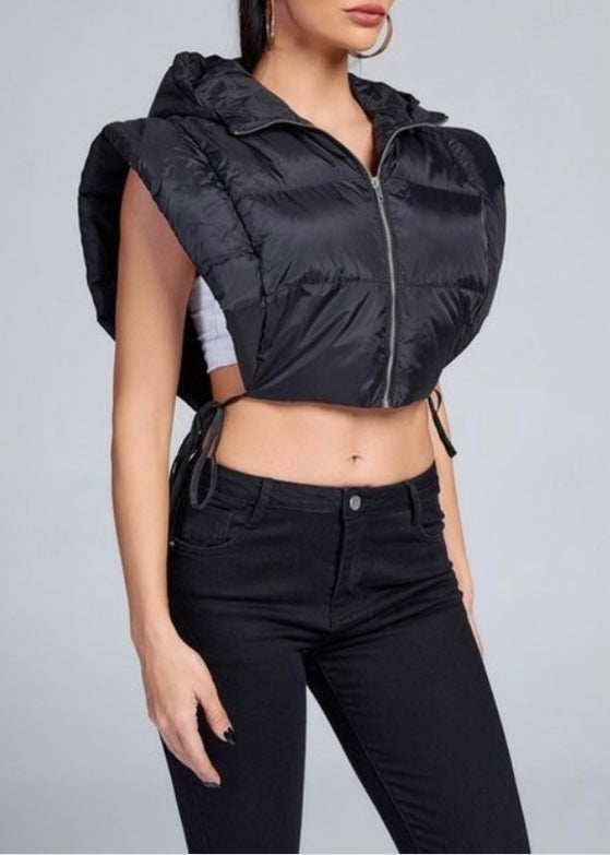 Hot & Delicious Lightweight Cropped Puffer Vest Jacket (Black) BHW041