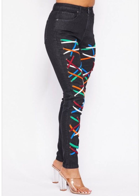 N1 Criss Cross Shoe Lace Detail Jeans (Black) KL1608
