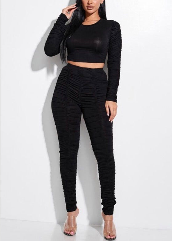 Miss California Ruched Long Sleeve Crop Top And Leggings Set (Black) A9214