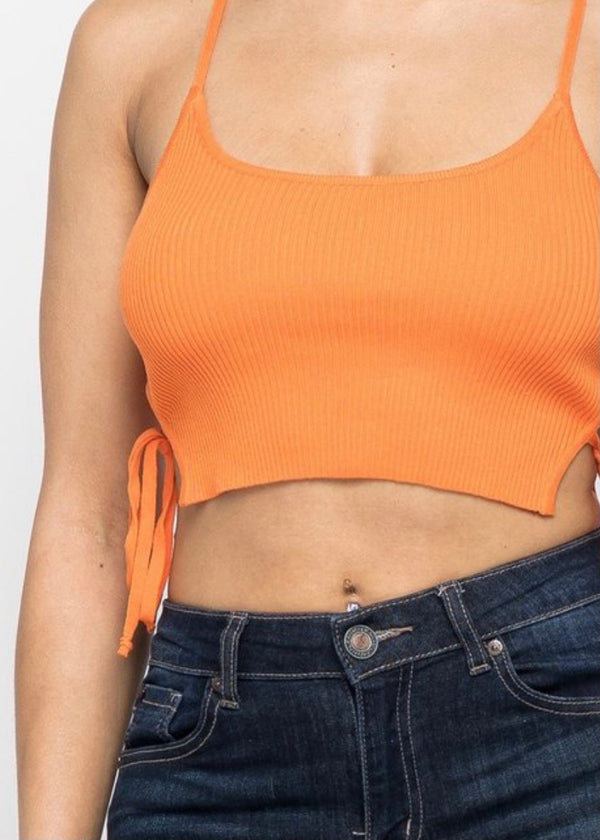 Hera Collection Side Tie Up Spaghetti Knit Top (Orange)