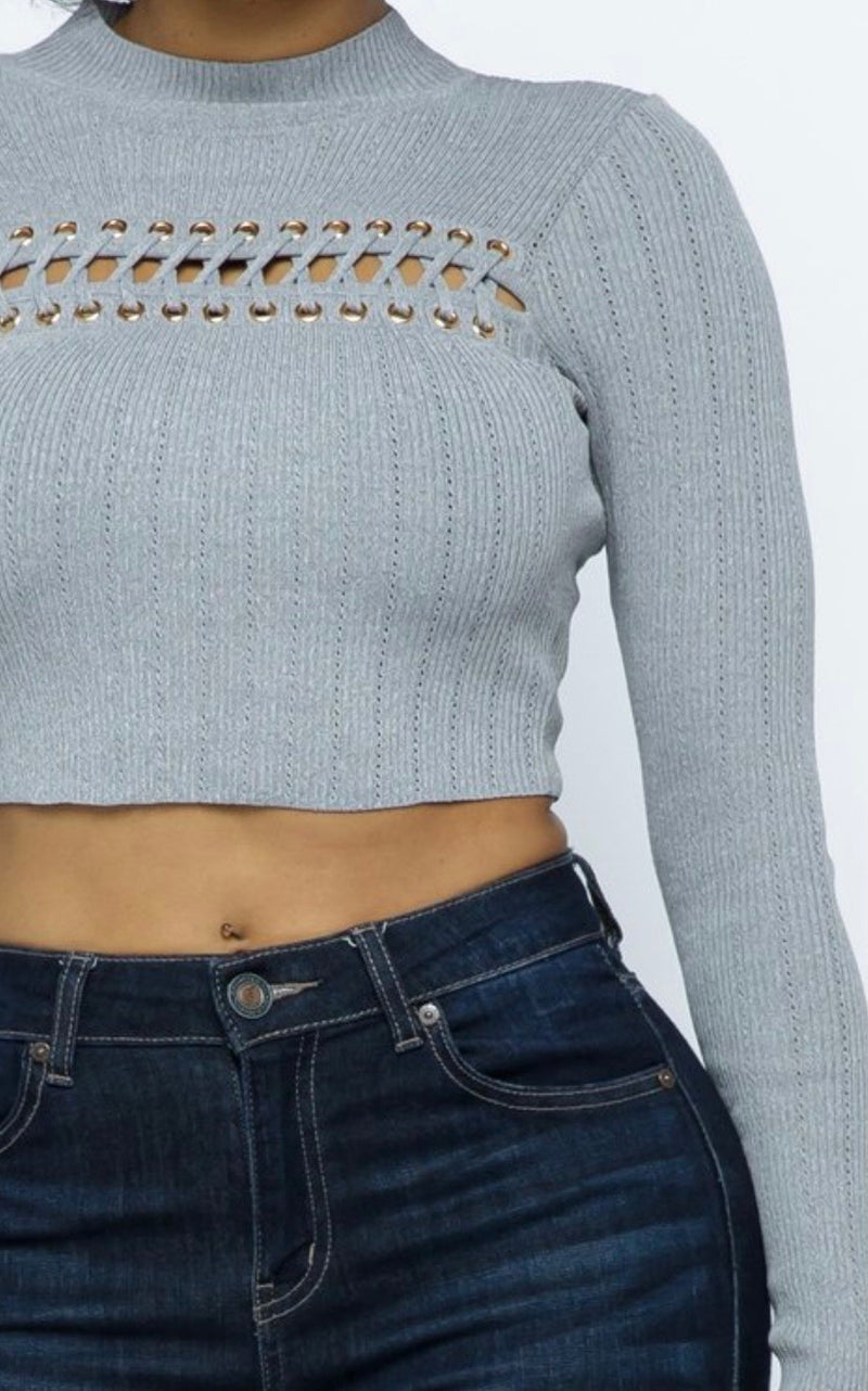 Hera Collection Mock Neck Across Lace Crop Top (Heather Grey)
