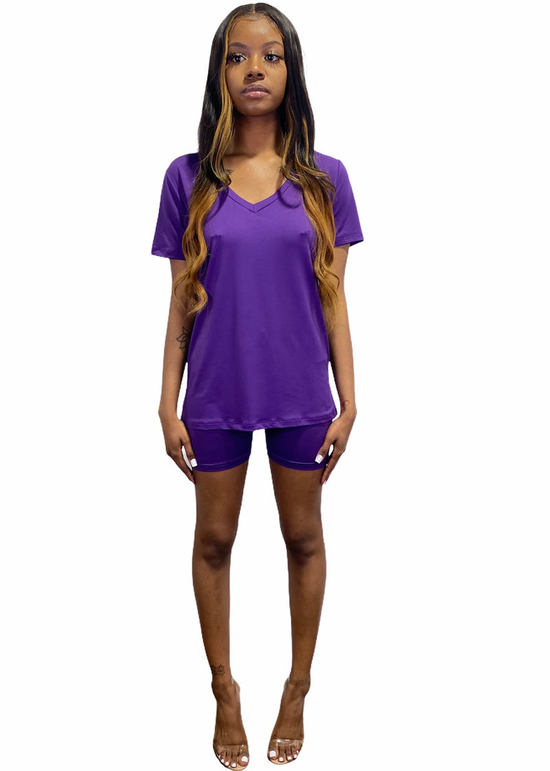 Daisy Solid V Neck Short Sleeve Top T Shirt & Biker Shorts Set (Purple)