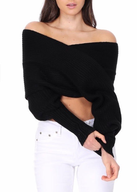 Yemak Off The Shoulder Long Sleeve Wrap Sweater Shawl (Black) KC003