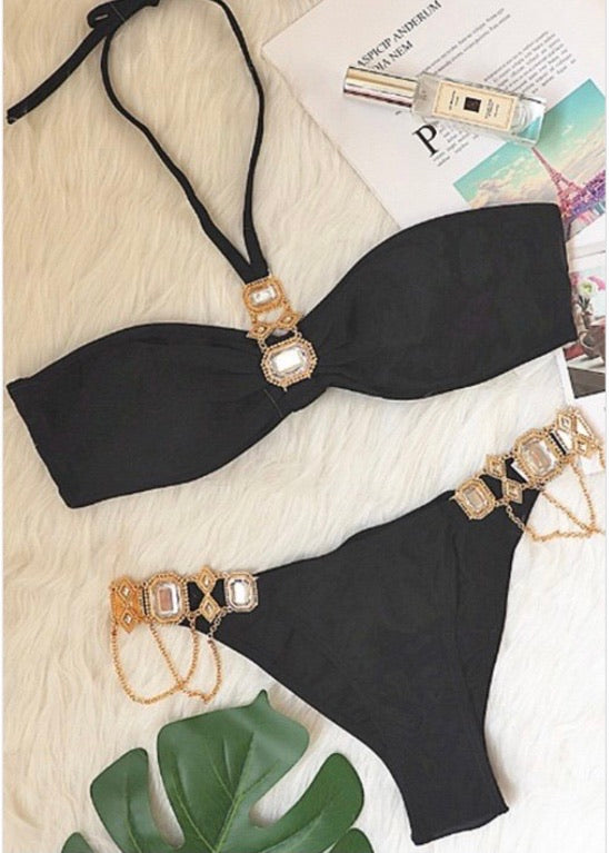 Awesome J Halter Top Jewel Two Piece Bikini Set (Black) LJ6541S