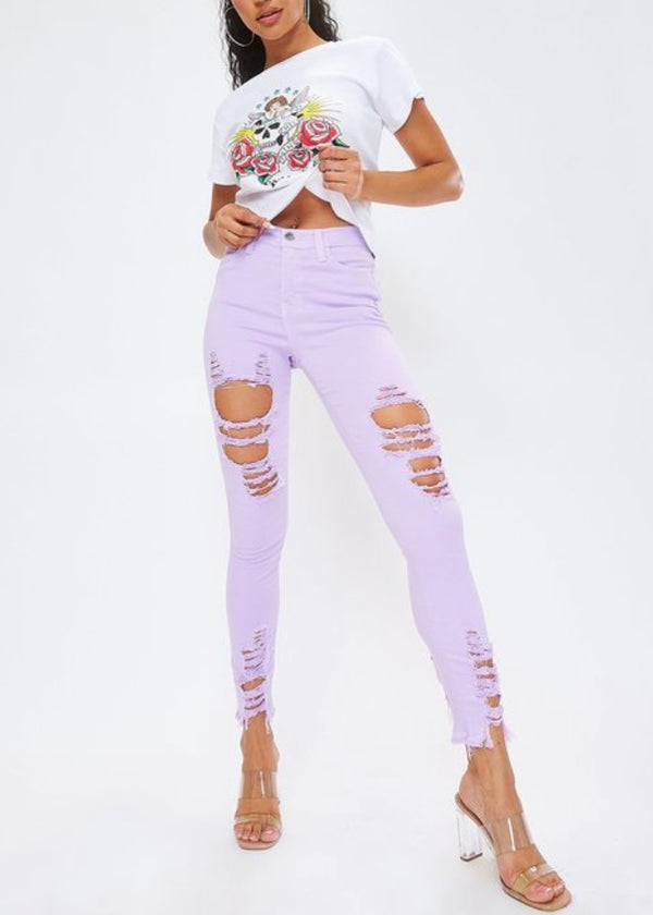 Vibrant Raw Edges Skinny Jeans (Lavender) P1213