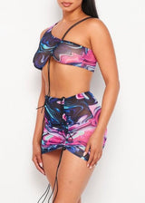 Jade One Shoulder Top & Skirt Set (Pink) 5503