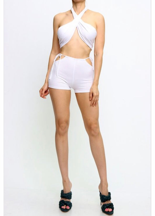 Jade Cross Neck Top & Open Hip Shorts Set (White) ST50947
