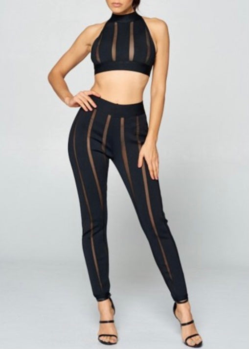 WinWin Mesh Panel Halter Neck Crop Top & Long Pants Set (Black) WTP8796