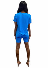Daisy Solid V Neck Short Sleeve Top T Shirt & Biker Shorts Set (Ocean Blue)