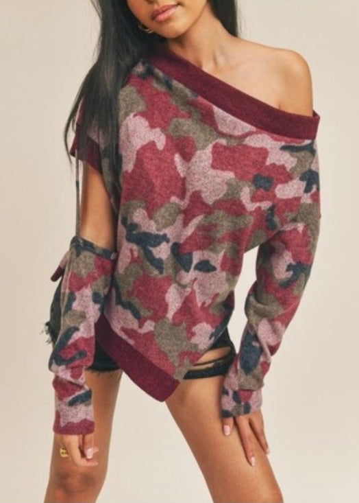 WinWin Camo Print Off The Shoulder Sweater (Wine/Pink/Blue) WT13060