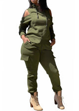 E-Show Long Sleeve Cut Shoulder Hoodie & Pants Set (Olive) SYAL290