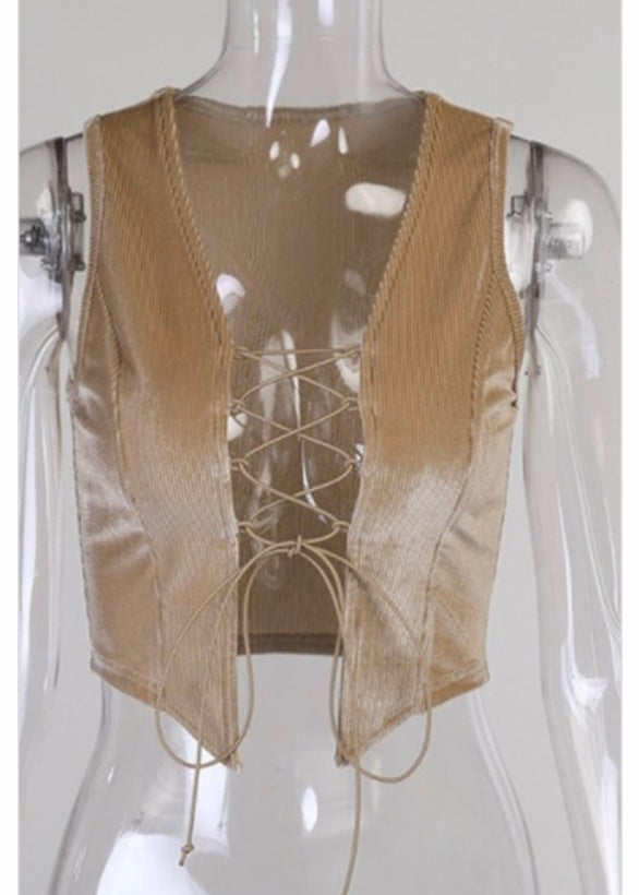Jireh Lace Up Hollow Chest Vest Top (Khaki) LJ9276T