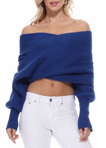 Yemak Off The Shoulder Long Sleeve Wrap Sweater Shawl (Royal) KC003