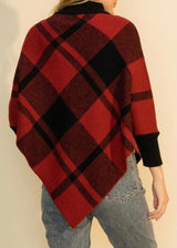 Double Zero High Neck Asymmetrical Hem Poncho Sweater (Red) DZ21G600