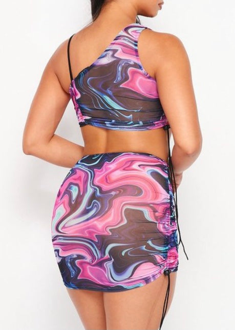 Jade One Shoulder Top & Skirt Set (Pink) 5503