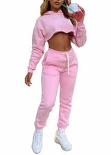 Maejoy Fleece Casual Sport Crop Hoodie & Jogger Set (Pink) SE003